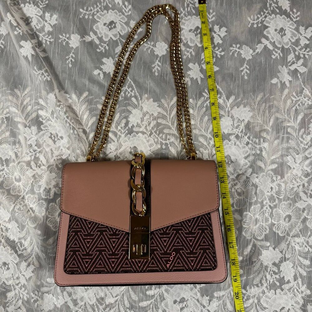 Aldo Flap Crossbody Bag – Mauve/Pink | Monogram Chevron Print Body | Gold Chain